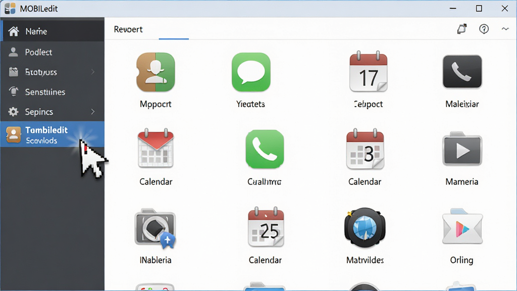 MOBILedit 全类型手机数据管理功能展示图,主体为软件界面中展示通讯录、短信、通话记录、日历、多媒体文件等多种数据类型的图标与列表,布局为左侧导航栏加右侧内容区的经典软件布局,排版整齐,风格为简洁商务,细节包含鼠标光标正在点击通讯录选项,画质高清,干净,无多余元素。