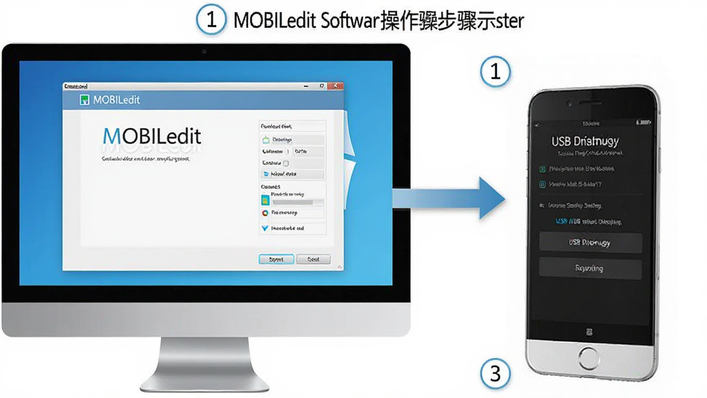 MOBILedit 软件操作步骤示意图,主体为电脑屏幕上显示 MOBILedit 安装向导界面和手机 USB 调试设置界面并排展示,布局为左右对比构图,排版清晰,风格为教程图解风,细节包含步骤数字标注和箭头指引,画质高清,干净,无多余元素。