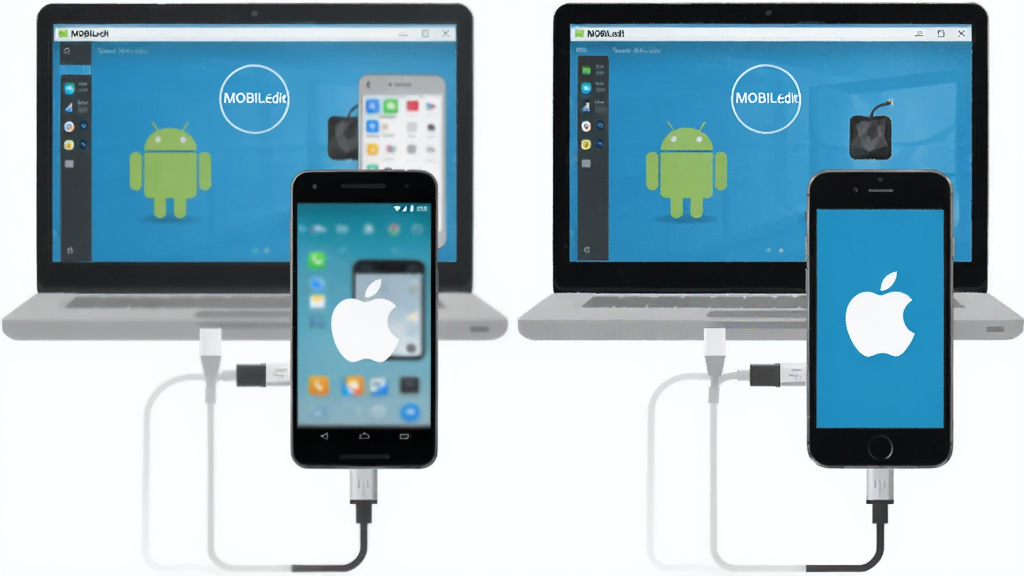 MOBILedit 跨平台设备兼容示意图,主体为一部安卓手机和一部苹果手机同时通过数据线连接到一台笔记本电脑,屏幕上显示 MOBILedit 软件已识别两台设备,布局为左右对称构图,排版简洁,风格为扁平化科技风,细节包含安卓机器人与苹果 Logo 图标,画质高清,干净,无多余元素。