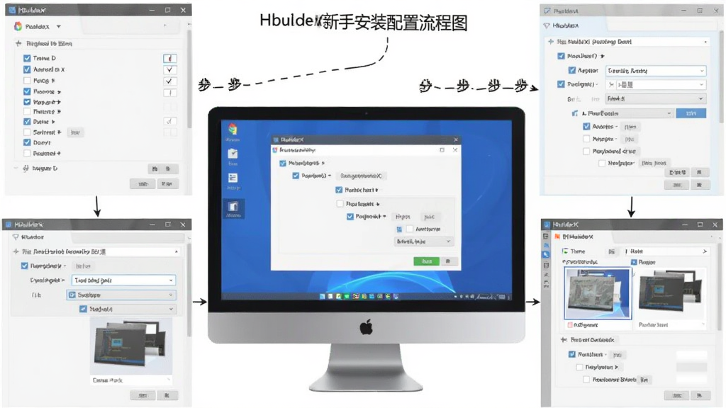 HBuilderX新手安装配置流程图,主体为电脑屏幕上显示安装向导与配置选项,布局为分步截图拼接风格,排版清晰明了,风格扁平化教程风,细节包含勾选框、路径选择框、主题预览,画质干净,无多余装饰
