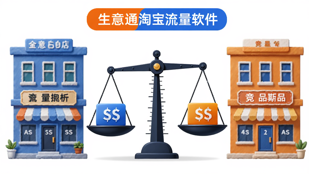 画面左侧是一栋代表自己店铺的蓝色小楼,右侧是一栋代表竞品店铺的橙色小楼,两栋楼之间有一个天平,天平两端放着流量数据块。上方有生意通淘宝流量软件的文字标签。布局为左右对称,天平居中。风格为商务对比插画,细节上楼体有窗户和招牌,天平刻度清晰。画质高清,画面干净,无多余元素。