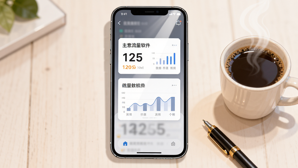 画面中央是一部智能手机,手机屏幕上显示着生意通淘宝流量软件的移动端数据摘要卡片,卡片上有数字和迷你图表。手机旁边放着一杯咖啡和一支笔。布局为手机居中,咖啡和笔在右下角。风格为生活化办公插画,细节上手机屏幕有轻微反光,咖啡杯有热气。画质高清,画面干净,无多余元素。