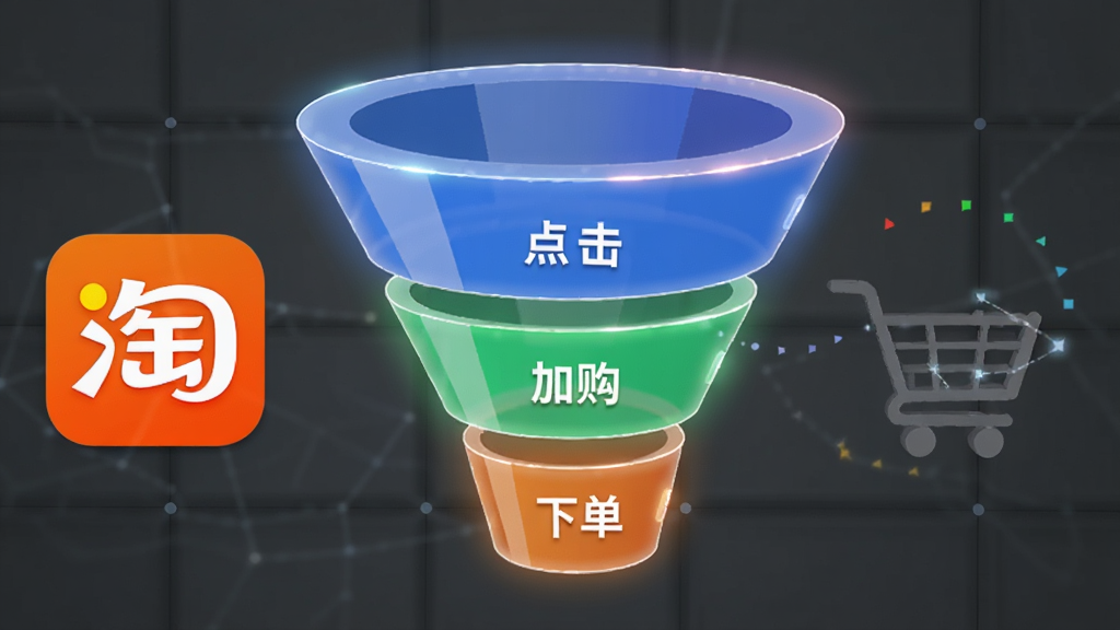 画面中央是一个立体的漏斗图形,漏斗从上到下分为展现、点击、加购、下单四个层级,每一层都用不同颜色标注,漏斗旁边有生意通淘宝流量软件的标志。布局为漏斗居中,背景有淡淡的网格线。风格为3D数据可视化风格,细节上漏斗边缘有光晕,层级文字清晰。画质高清,画面干净,无多余元素。