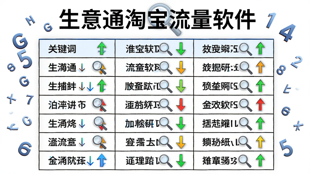 画面中央是一张巨大的关键词列表表格,表格中每个关键词旁边都带有放大镜图标和上升或下降的箭头。表格上方写着生意通淘宝流量软件字样。布局为表格居中,四周有漂浮的字母和数字元素。风格为简洁信息图风格,细节上表格线条清晰,箭头颜色鲜明。画质高清,画面干净,无多余元素。