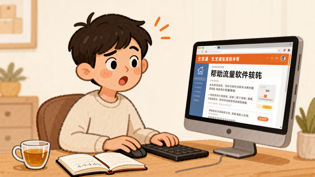 画面中央是一位坐在电脑前的年轻淘宝店主,表情从困惑转为恍然大悟,电脑屏幕上显示着生意通淘宝流量软件的帮助文档页面。桌子旁边放着一本翻开的笔记本和一杯茶。布局为人物居中偏左,电脑在右。风格为温馨手绘插画,细节上人物表情生动,屏幕文字模糊但可辨识为帮助文档。画质高清,画面干净,无多余元素。