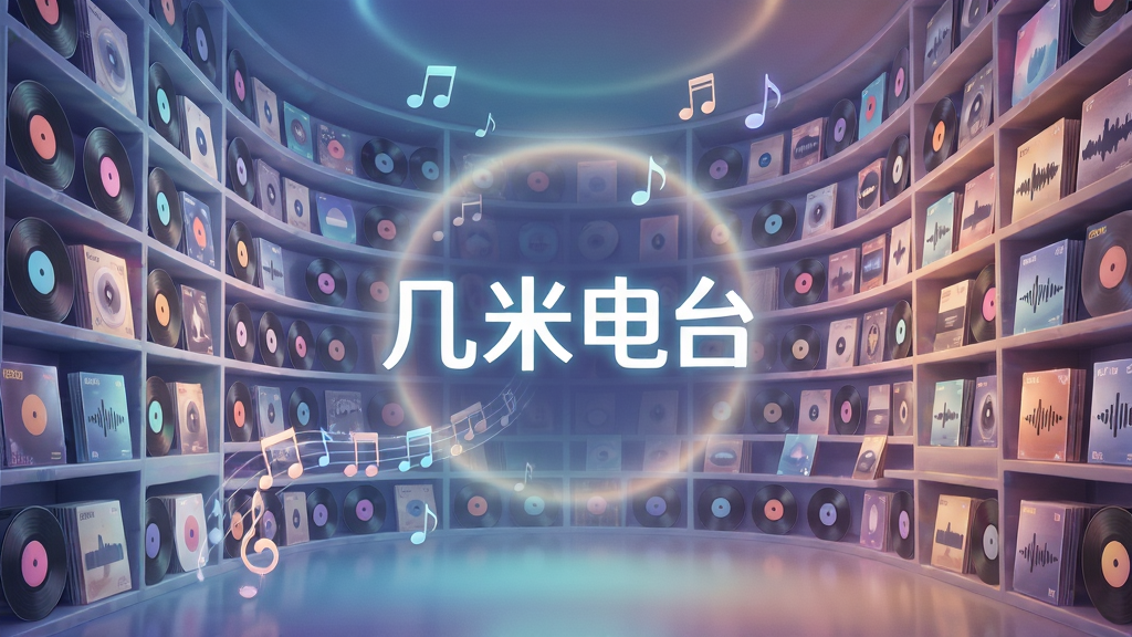 一幅展示几米电台海量内容库的AI生图,主体为一个巨大的虚拟音乐图书馆,书架上排列着无数发光的唱片和音频卡片,中央悬浮着几米电台的Logo字样,布局采用中心对称构图,排版层次分明,风格为梦幻科技感与文艺气息结合,细节包括漂浮的音符、柔和的光晕、渐变色彩过渡,画质超清,画面干净,无多余元素