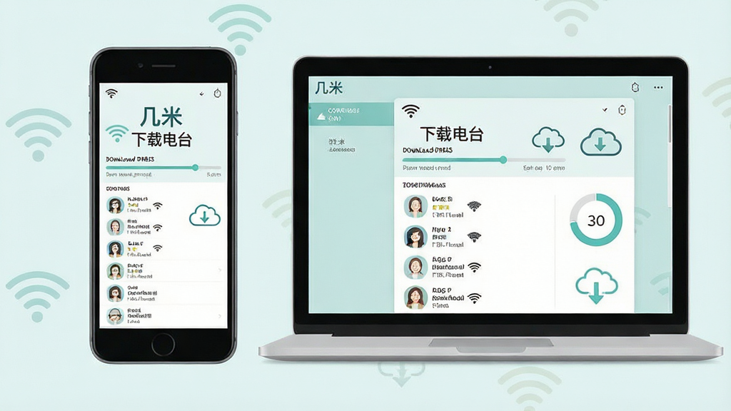 一张几米电台离线缓存功能的场景图,主体为一部智能手机和一台笔记本电脑并列展示,屏幕上显示几米电台的下载管理界面,带有下载进度条和已缓存列表,布局为左右分栏对比,排版整洁有序,风格为清新浅色系扁平化设计,细节包括WiFi信号图标、云朵下载箭头、存储空间环形图,画质清晰,画面干净,无多余元素