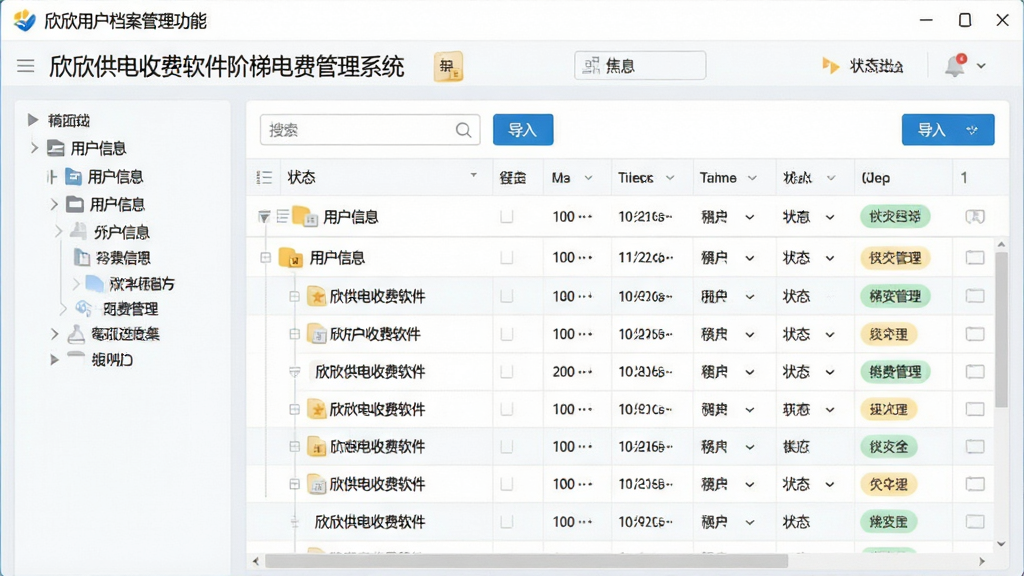 一张展示批量用户档案管理功能的图片,画面主体为软件界面中的用户信息列表与分组树状图,布局采用左侧树形导航加右侧表格的结构,排版整齐,风格为清爽浅色办公风,细节包含搜索框、导入按钮和状态标签,画质高清,干净整洁,无多余元素,图片中文字标注“欣欣供电收费软件阶梯电费管理系统”