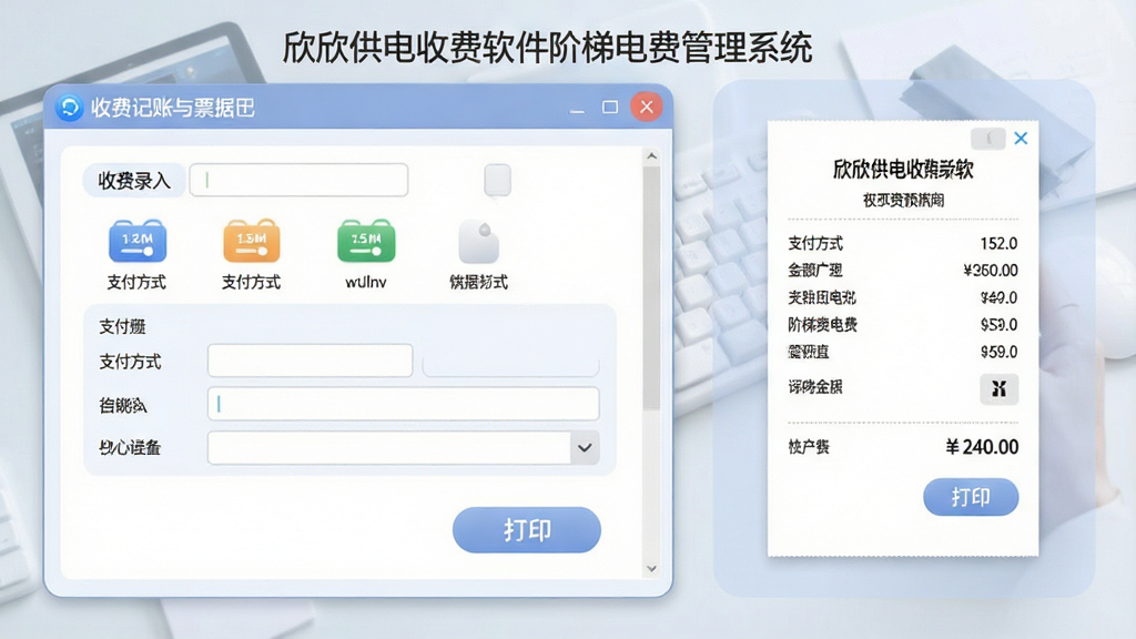 一张展示收费记账与票据打印功能的图片,画面主体为软件界面中的收费登记窗口与打印预览票据,布局采用左右分栏,左侧为收费录入表单,右侧为收据预览,排版规整,风格为柔和圆角商务风,细节包含支付方式图标、金额数字和打印按钮,画质高清,干净整洁,无多余元素,图片中文字标注“欣欣供电收费软件阶梯电费管理系统”
