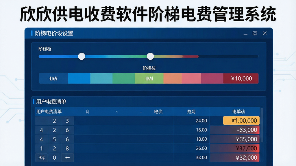 一张展示智能阶梯电费核算功能的图片,画面主体为软件界面中的阶梯电价设置面板与电费计算明细表,布局采用上下结构,上方是阶梯档位滑块,下方是用户电费清单,排版清晰,风格为科技蓝商务风,细节包含数字键盘、阶梯色阶和金额高亮,画质高清,干净整洁,无多余元素,图片中文字标注“欣欣供电收费软件阶梯电费管理系统”