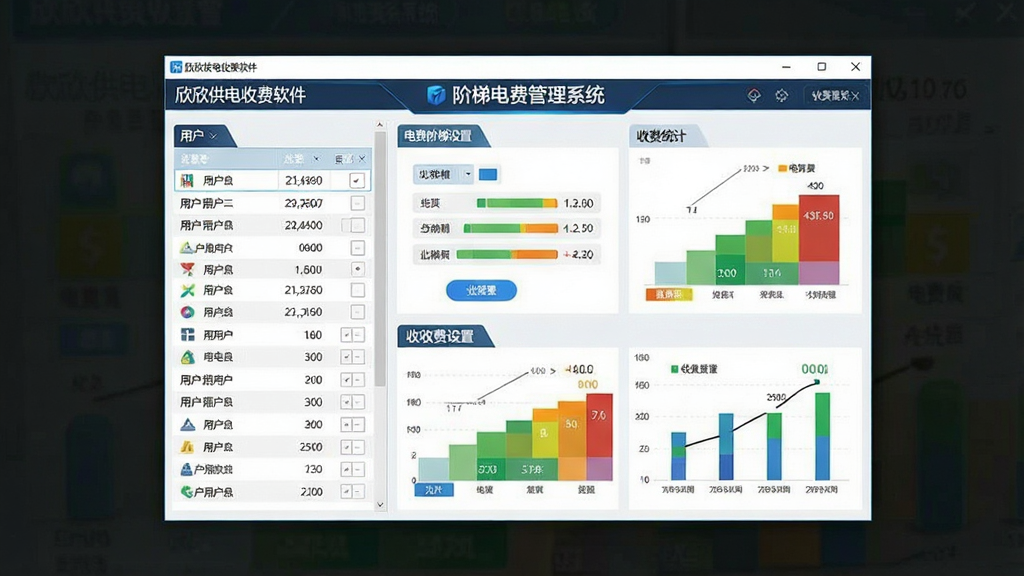 一张展示欣欣供电收费软件阶梯电费管理系统主界面的图片,画面中央是软件操作窗口,窗口内显示用户列表、电费阶梯设置和收费统计图表,主体清晰,布局规整,排版采用左右分栏结构,风格为现代商务简约风,细节包括表格数据、按钮图标和电量阶梯色块,画质高清,干净整洁,无多余元素,图片中文字标注“欣欣供电收费软件阶梯电费管理系统”