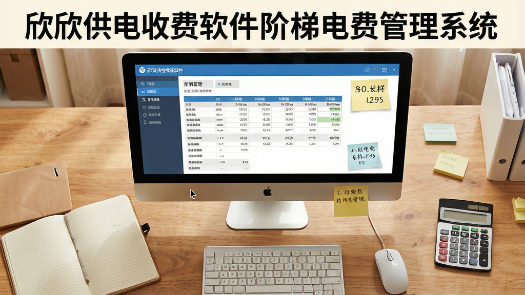 一张展示新手使用欣欣供电收费软件阶梯电费管理系统的场景图片,画面主体为电脑屏幕显示软件操作界面,旁边有笔记本和计算器,布局采用桌面俯视角度,排版自然,风格为温馨办公写实风,细节包含鼠标指针、数据表格和便签纸,画质高清,干净整洁,无多余元素,图片中文字标注“欣欣供电收费软件阶梯电费管理系统”