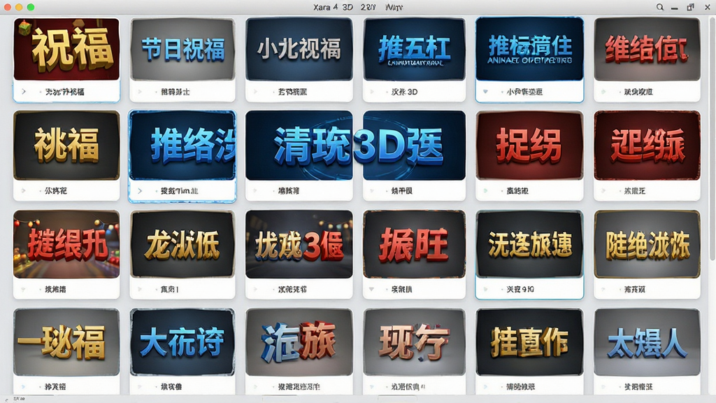 一张展示3D文字动画制作工具(Xara 3D)模板库的界面风格图,画面是一个网格状排列的模板缩略图面板,每个缩略图里都有不同风格的3D文字效果,比如金色节日祝福、蓝色科技标题、红色促销标语等,面板背景是浅灰色,整体风格为清爽的卡片式设计,细节包括每个模板下方的小字标签,画质清晰,干净,无多余元素。