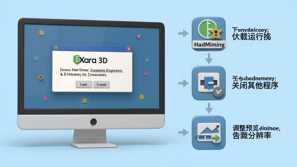 一张3D文字动画制作工具(Xara 3D)的故障排查示意图,画面左侧是一台电脑屏幕显示错误弹窗,右侧是几个解决步骤的图标,包括下载运行库、关闭其他程序、调整预览分辨率,整体风格为信息图表风,背景为浅蓝色,细节清晰,画质干净,无多余元素。