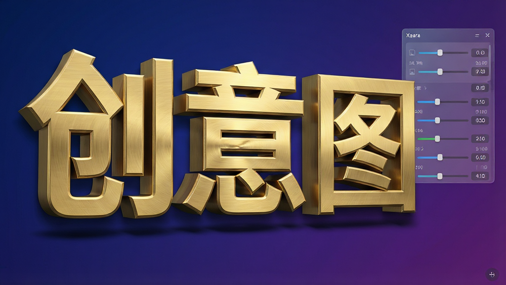 一张展示3D文字动画制作工具(Xara 3D)核心功能的宣传图,画面主体是三个巨大的立体中文字“创意图”,字体表面呈现金色拉丝金属材质,带有明显的倒角和厚度,文字下方有柔和的阴影,背景是深蓝色到紫色的渐变,画面右侧有一个半透明的参数调节面板,上面有滑杆和数值,整体风格为现代科技感,细节丰富,画质高清,干净,无多余元素。