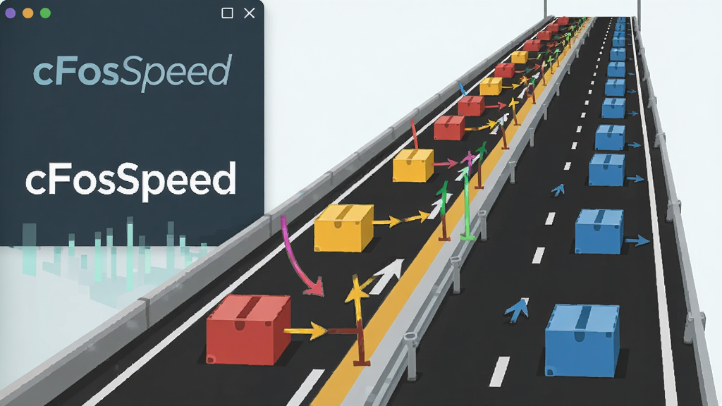 cFosSpeed 智能流量整形功能示意图,画面主体为一条宽阔的数据高速公路,不同颜色的数据包在道路上排队行驶,其中红色和黄色数据包被引导至快速通道,蓝色数据包在普通车道,布局为横向道路场景,排版左侧为软件标志,风格为扁平化科技插画,细节包含“cFosSpeed”字样标识、数据包图标、优先级指示箭头,画质高清,干净,无多余元素