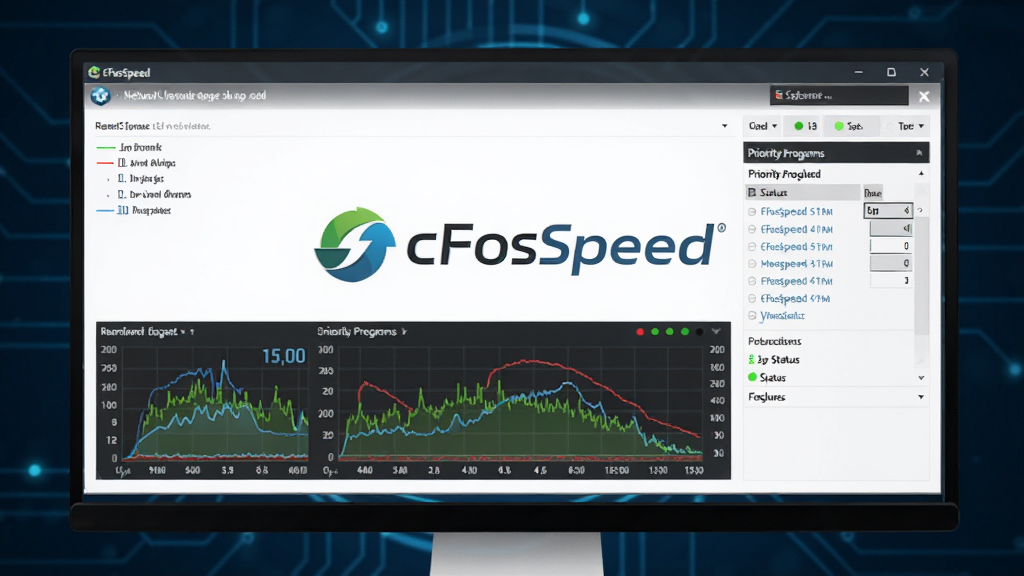 cFosSpeed 网络加速器软件主界面截图,画面中央展示软件标志与流量监控图表,背景为深蓝色科技风格,主体为电脑屏幕显示 cFosSpeed 实时流量整形面板,布局清晰,排版简洁,风格为现代软件界面展示,细节包含上传下载速率曲线、优先程序列表、状态指示灯,画质高清,干净,无多余元素