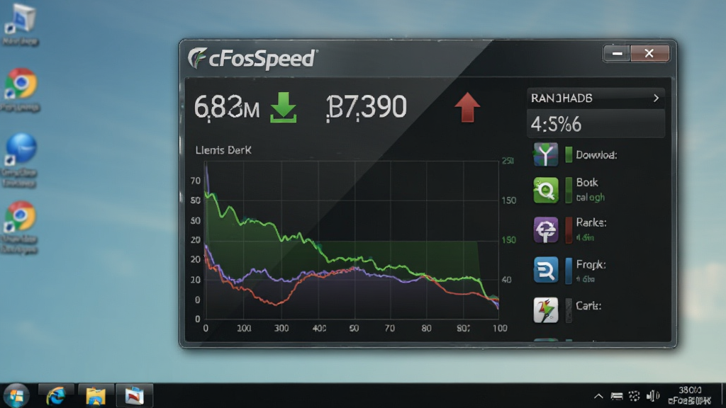 cFosSpeed 实时流量监控界面,主体为悬浮窗显示上传下载速率数字与曲线图,布局在电脑桌面右下角,排版包含程序流量排行榜,风格为深色半透明玻璃质感,细节包含“cFosSpeed”标志、绿色下载箭头、红色上传箭头、程序图标列表,画质高清,干净,无多余元素