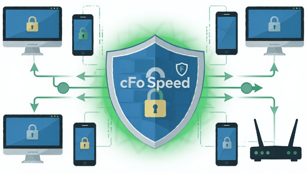 cFosSpeed 防火墙与连接优化功能概念图,主体为盾牌形状的防火墙图标与网络节点连接示意图,布局中央为盾牌,四周环绕电脑、手机、路由器图标,排版对称,风格为扁平化安全主题插画,细节包含“cFosSpeed”文字、锁形图标、数据流箭头、绿色安全光晕,画质高清,干净,无多余元素