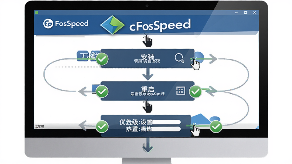 cFosSpeed 使用指南操作流程图,主体为电脑屏幕展示安装步骤与设置界面,布局从上到下依次为下载、安装、重启、设置优先级,排版包含箭头引导,风格为简洁教程图解,细节包含“cFosSpeed”标志、中文界面文字、鼠标点击图标、对勾标记,画质高清,干净,无多余元素