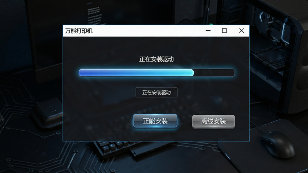 一张展示万能打印机驱动离线安装界面的图片,画面中软件窗口显示进度条和