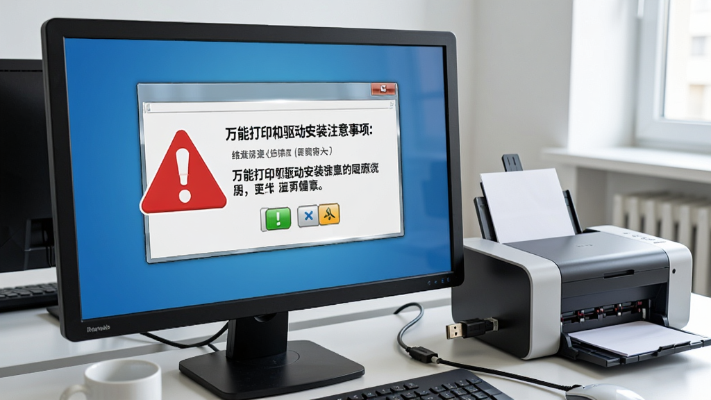 一张展示万能打印机驱动安装注意事项的图片,画面中电脑屏幕显示软件提示框和红色警告图标,旁边有USB线连接打印机,背景是办公桌面,风格写实清晰,细节包括提示文字和图标高光,画质干净,无多余元素