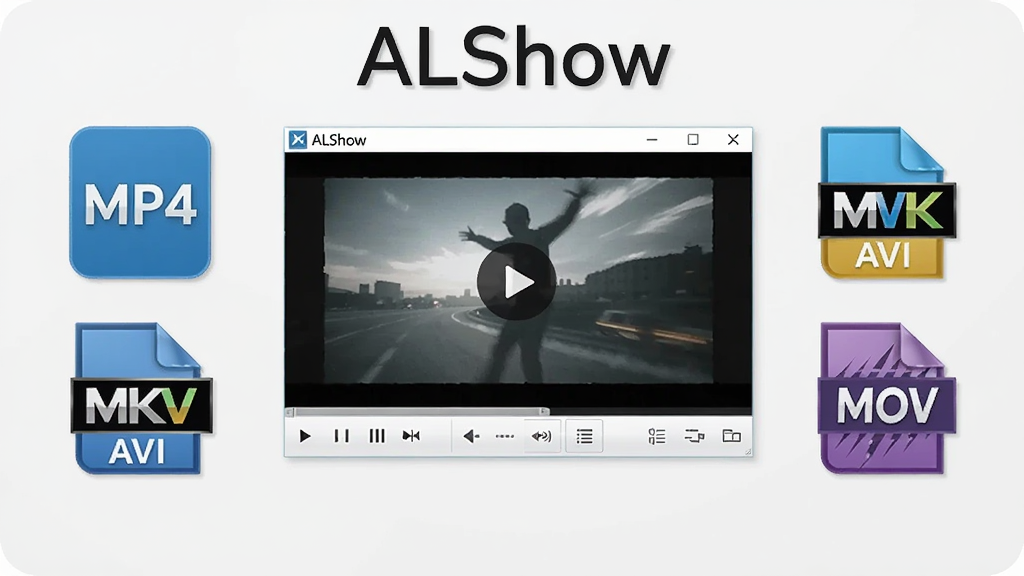 ALShow软件播放多种格式视频的示意图,画面中并列展示MP4、AVI、MKV、MOV四种格式图标,中间是ALShow播放器窗口正在流畅播放,背景为浅灰色,风格简洁科技感,画面中带有“ALShow”字样,高清干净无多余元素