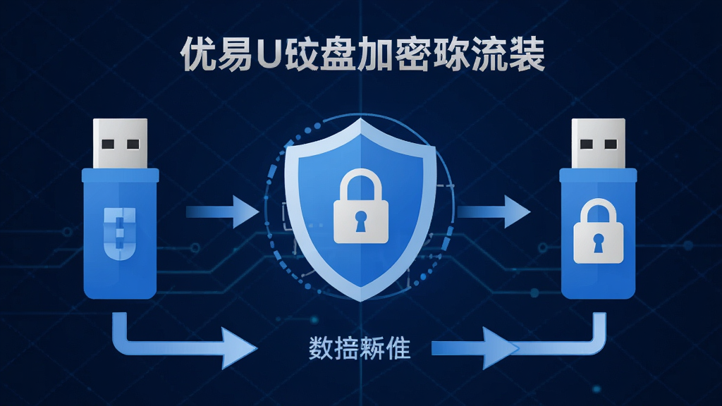 展示优易U盘加密软件的透明加密流程,画面左侧为普通U盘图标,中间经过盾牌加密节点,右侧变为带锁的加密U盘图标,下方有箭头指示数据传输方向,背景为深蓝色科技感网格,主体居中横向排列,风格为信息图表式扁平设计,细节简洁明了,画质高清干净,无多余元素