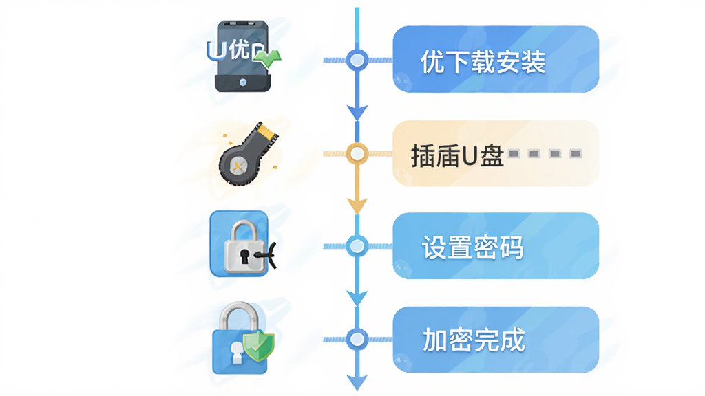 优易U盘加密软件新手操作流程图,画面从上到下依次展示下载安装、插入U盘、设置密码、加密完成四个步骤,每步配有简洁图标和文字标注,背景为白色,布局为纵向时间轴样式,风格为清新扁平化信息图,细节清晰,画质高清,无多余元素