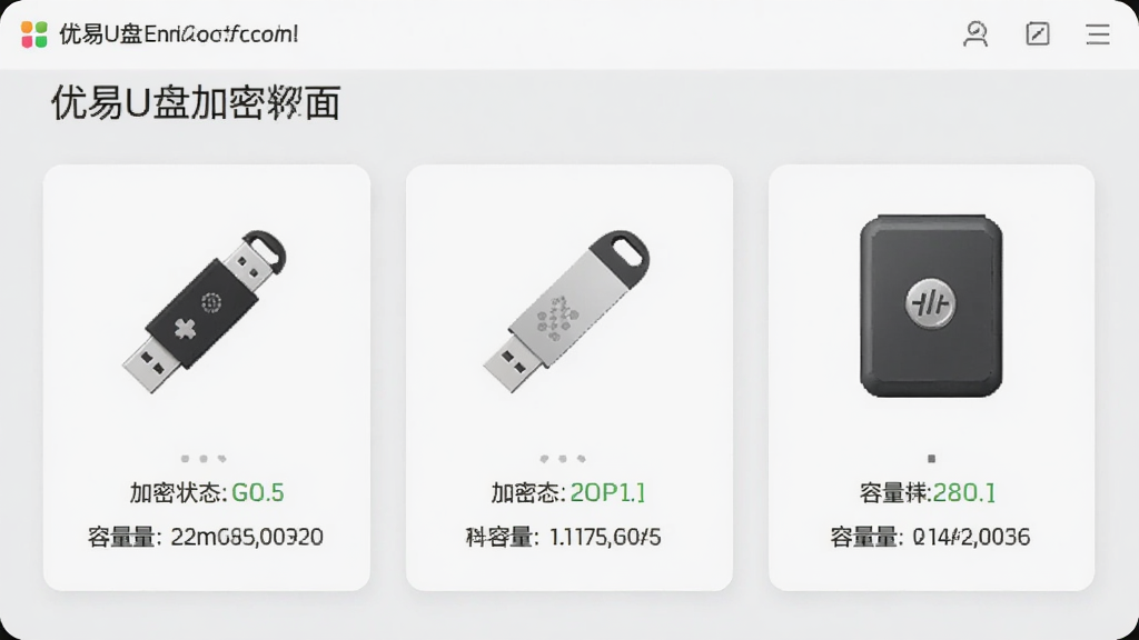优易U盘加密软件多设备管理界面示意图,画面中同时显示三个U盘和一块移动硬盘的图标,每个设备下方标注加密状态和容量信息,界面采用卡片式布局,背景为浅灰色,风格为清爽极简的UI设计,细节清晰,画质高清,无多余装饰