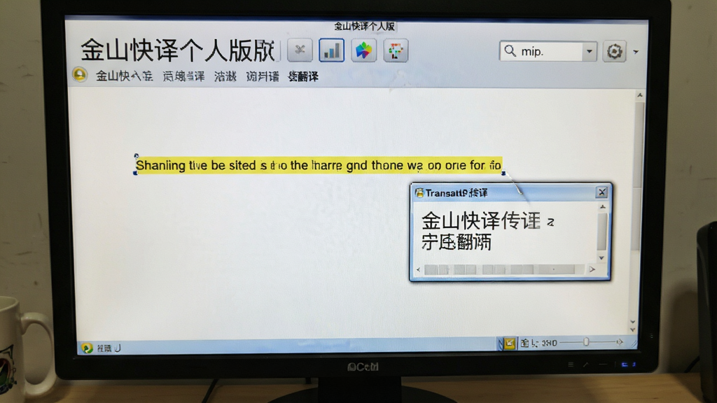 一张展示金山快译个人版划词翻译功能的图片,主体为电脑屏幕上选中一段英文后弹出翻译小窗口,布局为屏幕中央区域,排版自然,风格为真实使用场景截图,细节为选中文字高亮与翻译浮窗,画质清晰,干净,无多余元素