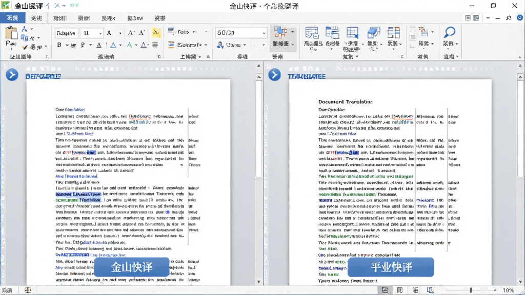 一张展示金山快译个人版文档翻译功能的图片,主体为软件窗口内显示Word文档翻译前后的对比,布局为左右分栏,排版整齐,风格为办公软件截图风格,细节为文档段落清晰、翻译按钮显眼,画质清晰,干净,无多余元素