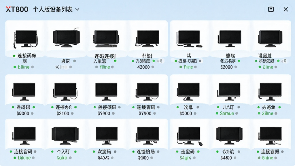 XT800 个人版设备列表界面,画面展示多台电脑图标整齐排列,每台设备下方显示连接码与在线状态,界面风格清爽,主色调为白色与浅蓝色,细节包含在线绿点、离线灰点、设备名称标签,画质清晰,布局规整,无多余装饰元素