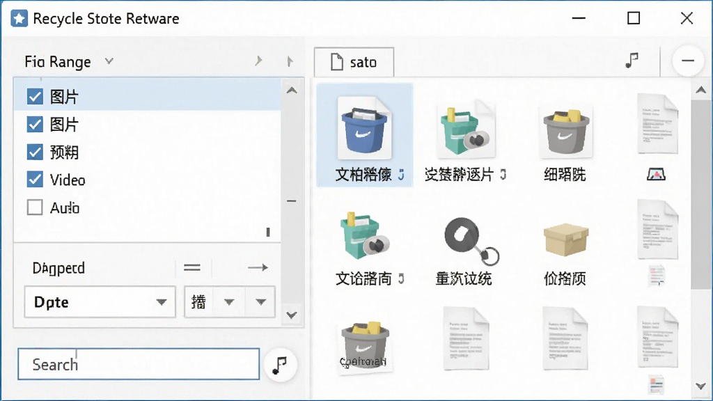 一张展示回收站恢复软件筛选功能的界面图,画面中软件窗口显示文件类型复选框(图片、文档、视频、音频等),日期范围选择器,以及搜索框,右侧列表显示筛选后的文件结果,主体为软件界面,布局为左右分栏,风格为简洁商务风,细节包括高亮的筛选条件和文件缩略图,画质清晰,干净,无多余元素