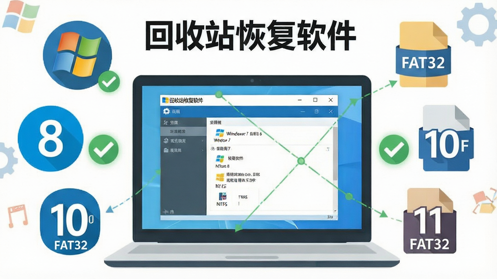 一张展示回收站恢复软件兼容性说明的示意图,画面中一台笔记本电脑屏幕上显示软件界面,周围环绕着Windows 7、8、10、11的图标以及NTFS、FAT32等文件系统标志,主体为软件与系统兼容,布局为环绕式构图,风格为扁平化插画风,细节包括对勾图标和软件名称“回收站恢复软件”,画质清晰,干净,无多余元素