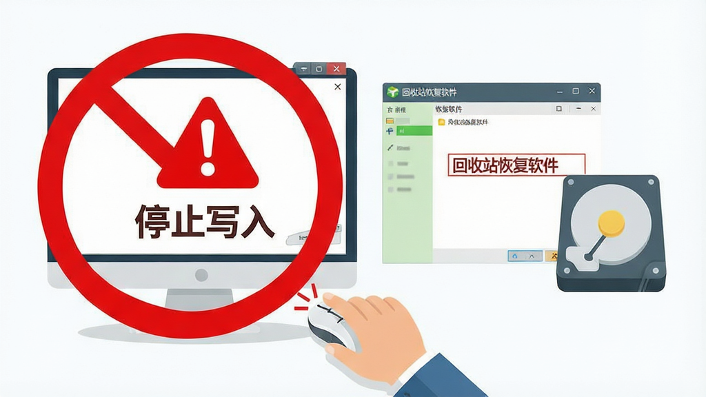 一张展示回收站恢复软件操作注意事项的提示图,画面中一只手正在点击鼠标,屏幕上显示红色的警告标志和“停止写入”字样,旁边有软件界面和硬盘图标,主体为警示提示,布局为对角线构图,风格为扁平化警示风,细节包括红色禁止符号和软件名称“回收站恢复软件”,画质清晰,干净,无多余元素