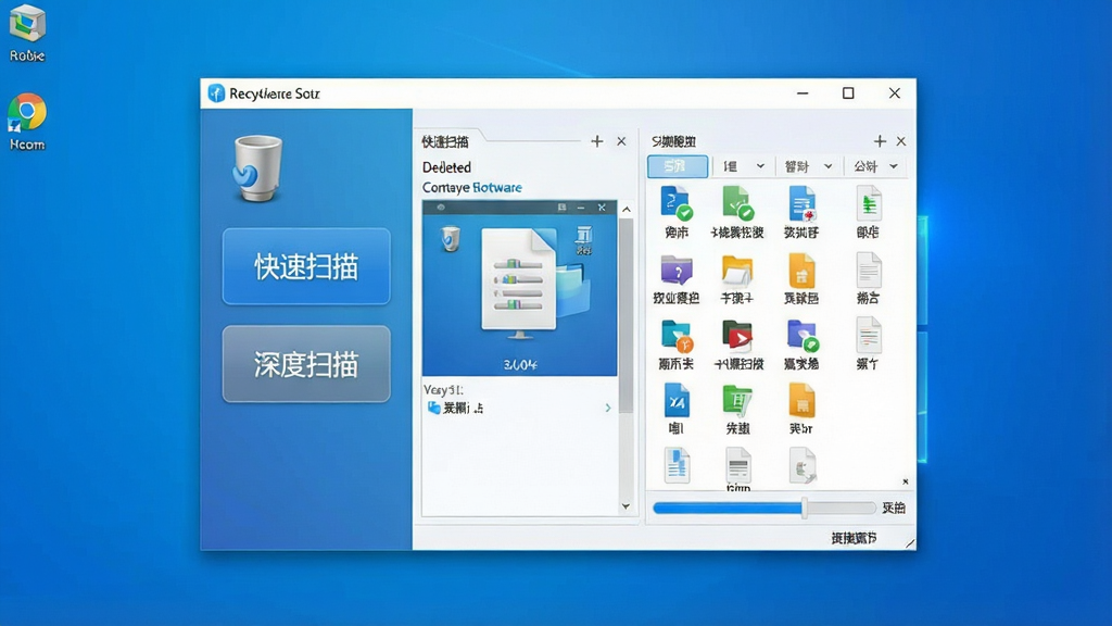 一张展示电脑桌面的全景图,画面中央是回收站恢复软件的主界面,界面左侧有快速扫描和深度扫描两个大按钮,右侧显示扫描到的已删除文件列表,文件类型图标清晰可见,背景是干净的蓝色渐变,风格为现代科技感,细节包括文件预览窗格和进度条,画质清晰,干净,无多余元素