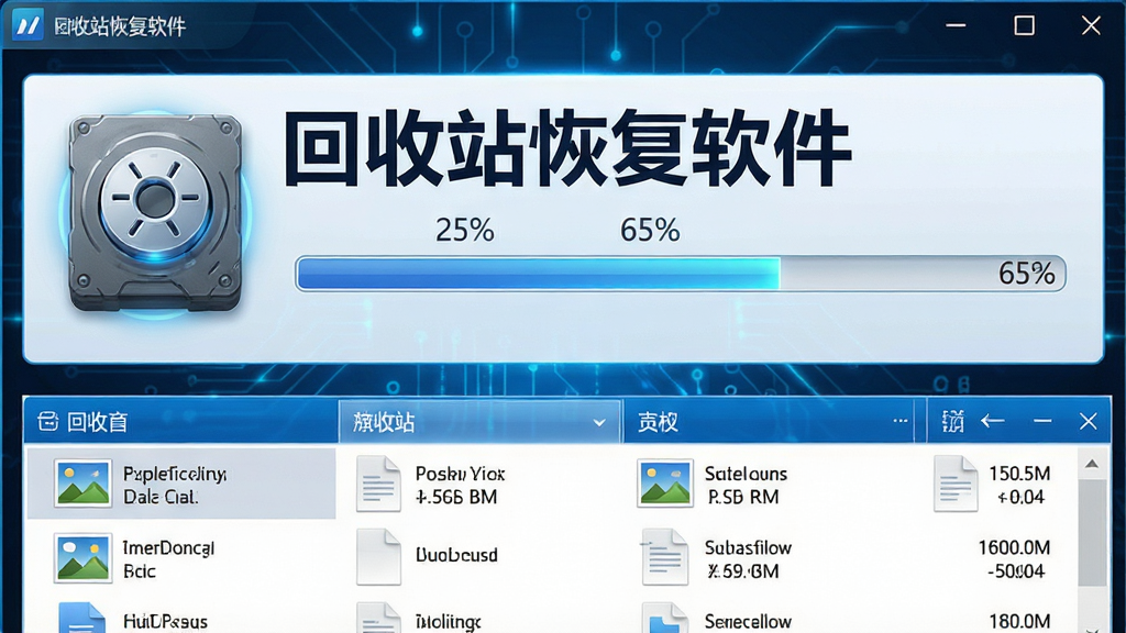 一张展示回收站恢复软件深度扫描过程的特写图,画面中软件界面显示正在扫描硬盘扇区,进度条走到65%,下方列表不断刷新出已找到的图片和文档文件,界面带有科技感的蓝色光效,主体突出软件名称“回收站恢复软件”,布局为居中构图,风格为数字科技风,细节包括文件类型图标和大小信息,画质高清,干净,无多余元素