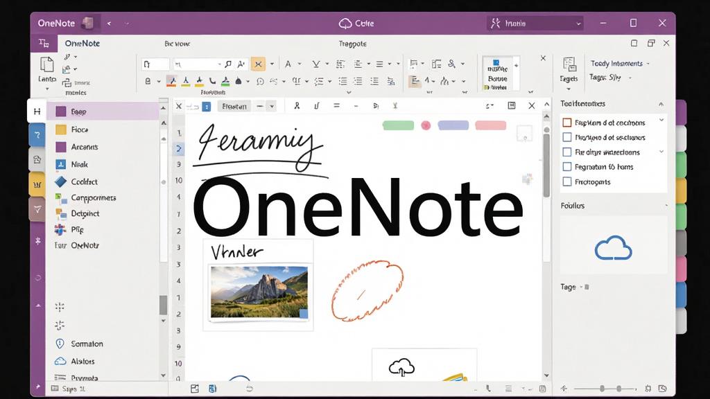 一张展示 Microsoft Office OneNote 软件界面的全景图,主体为打开的笔记本窗口与多层级分区标签,布局采用居中构图,排版上左侧显示分区列表、中间显示自由画布笔记页面、右侧显示待办事项与标签面板;整体风格为现代简约办公风,细节包含手写笔迹、插入的图片缩略图、彩色标签与云同步图标;画质清晰干净,无多余元素,画面中打上文字“OneNote”