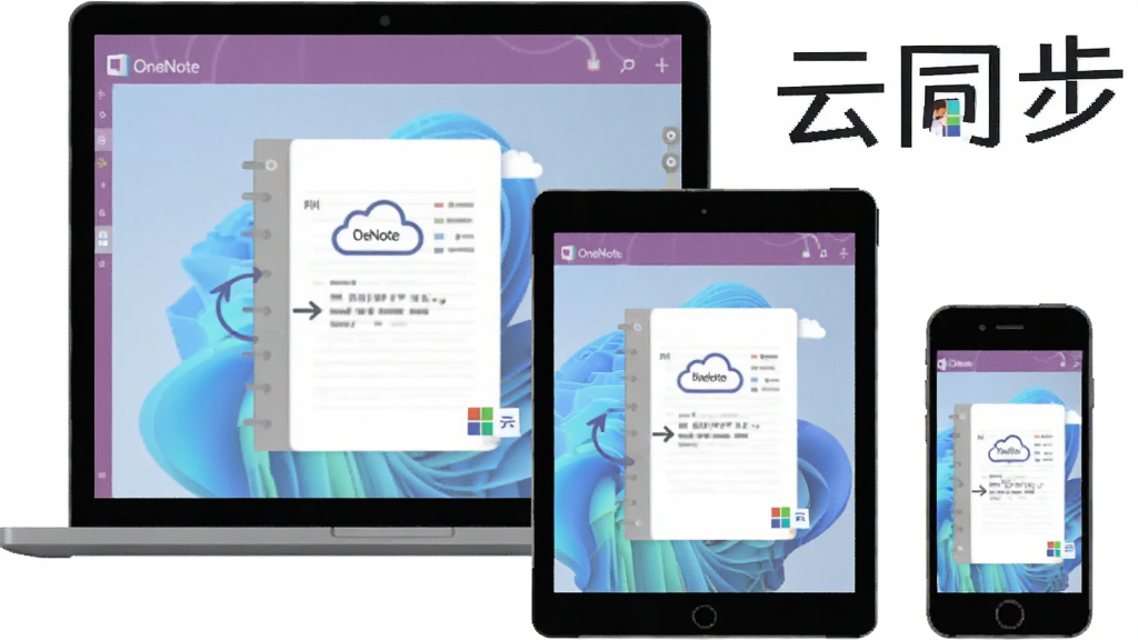 一张展示 Microsoft Office OneNote 多设备同步概念的插画,主体为笔记本电脑、平板电脑和手机三台设备并排显示,布局采用水平排列,排版上每台设备屏幕内显示同一笔记本的不同页面;风格为扁平化科技风,细节包含云朵图标、同步箭头与微软账户头像;画质干净清晰,无多余元素,画面中打上文字“云同步”