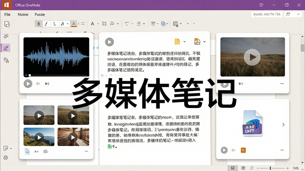 一张展示 Microsoft Office OneNote 多媒体插入功能的界面截图风格图,主体为笔记页面中嵌入的音频波形图、图片缩略图和文件图标,布局采用卡片式排列,排版上多媒体元素围绕文字段落分布;风格为现代办公风,细节包含播放按钮、文件类型标识与阴影效果;画质干净清晰,无多余元素,画面中打上文字“多媒体笔记”