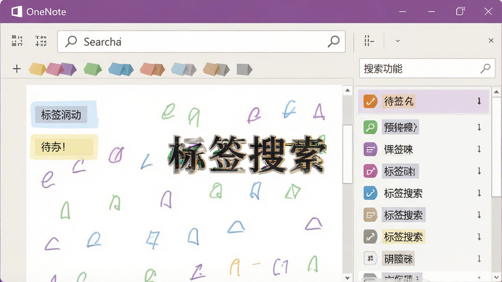 一张展示 Microsoft Office OneNote 标签与搜索功能的示意图,主体为笔记页面中高亮显示的待办标签和搜索框,布局上标签面板位于右侧,排版上搜索框位于顶部并显示结果列表;风格为简洁商务风,细节包含彩色标签图标、放大镜图标与高亮文字;画质干净清晰,无多余元素,画面中打上文字“标签搜索”
