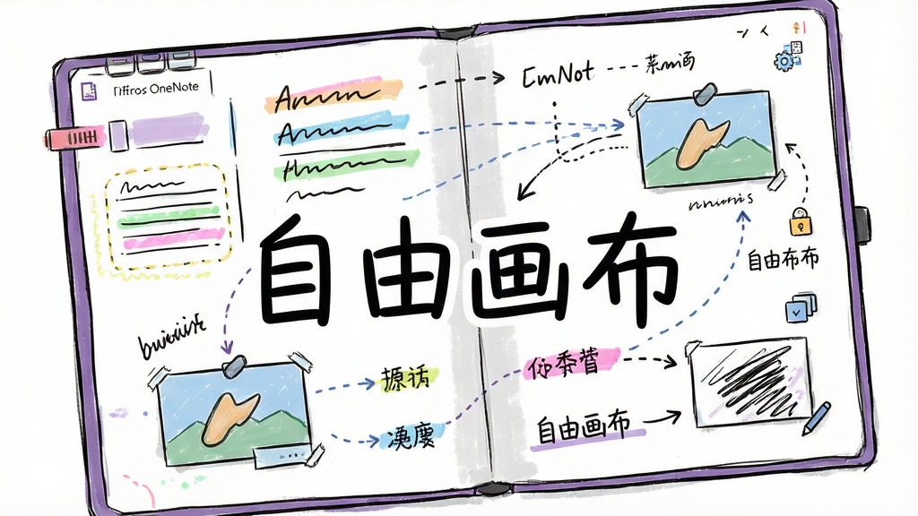 一张展示 Microsoft Office OneNote 自由画布功能的示意图,主体为一张打开的笔记页面,布局上文字块、手写笔迹、图片和箭头标注散落在不同位置,排版错落有致;风格为清新手绘风,细节包含彩色荧光笔标记、虚线连接线与小图标;画质干净清晰,无多余元素,画面中打上文字“自由画布”