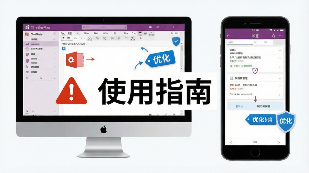 一张展示 Microsoft Office OneNote 使用技巧的示意图,主体为电脑屏幕和手机屏幕并列显示,布局上左侧为电脑端设置界面、右侧为移动端权限管理界面,排版上包含红色警告图标与蓝色优化标签;风格为扁平化教学风,细节包含齿轮图标、盾牌图标与箭头指引;画质干净清晰,无多余元素,画面中打上文字“使用指南”
