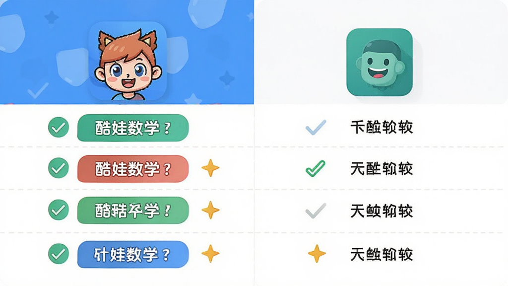 一张展示酷娃数学与同类软件对比的示意图,主体是左右分栏的对比表格,左侧为酷娃数学的卡通图标和特色标签,右侧为其他数学软件的简约图标,布局为对称式,风格为商务简约的扁平化设计,细节包括对勾和星号标记,画质清晰,画面干净,无多余元素。