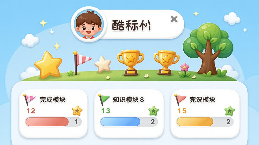 酷娃数学软件学习报告界面的示意图,主体是一张卡通风格的进度图表,图表上有星星、奖杯和成长树元素,布局为上下结构,上方是孩子头像和昵称,下方是各知识模块的完成度条形图,风格为柔和圆角卡片式设计,细节包括彩色小旗子和数字标签,画质高清,画面干净,无多余元素。