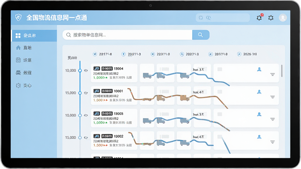 一张展示全国物流信息网一点通运单追踪功能的图片,画面中软件界面显示多条物流轨迹信息,时间轴清晰,顶部有搜索框,整体风格为现代扁平化设计,色调以浅蓝和白色为主,画质清晰,干净,无多余元素