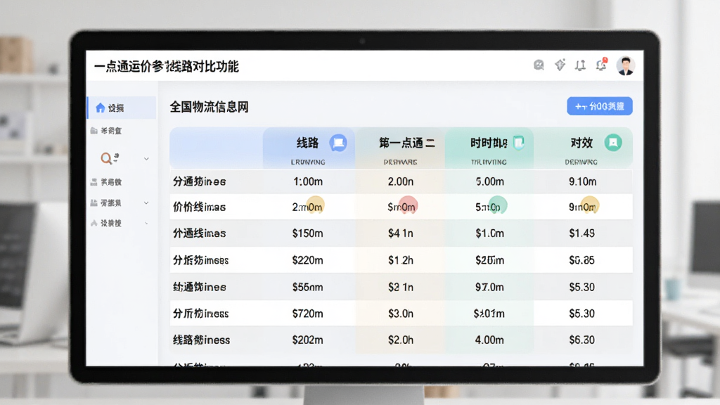 一张展示全国物流信息网一点通运价参考与线路对比功能的图片,画面中软件界面以表格形式展示不同线路的价格与时效,表格清晰,配色柔和,整体风格为简约商务风,画质清晰,干净,无多余元素