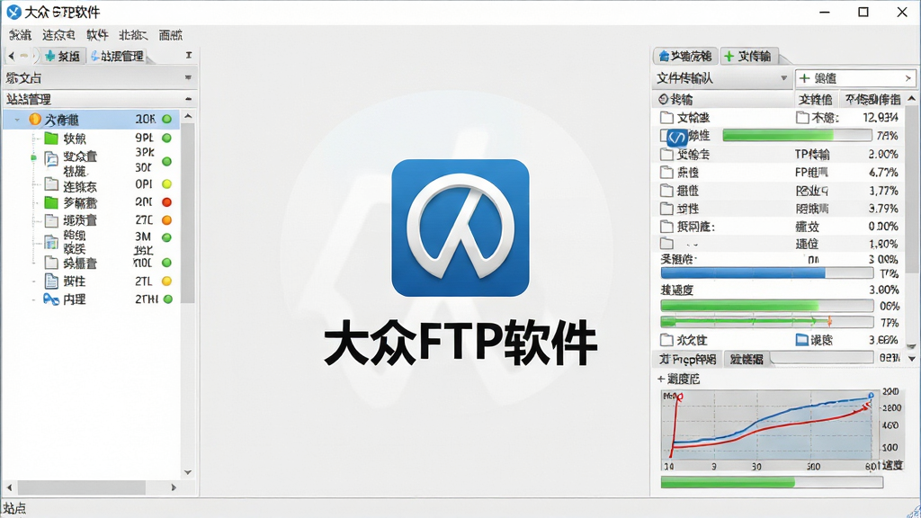 大众FTP软件主界面全貌,画面中央展示软件蓝色图标与名称“大众FTP软件”,左侧为站点管理器列表,右侧为文件传输队列与进度条,背景为干净的浅灰色桌面,布局清晰,排版整齐,风格简洁商务,细节包含连接状态指示灯与速度曲线,画质高清,干净,无多余元素