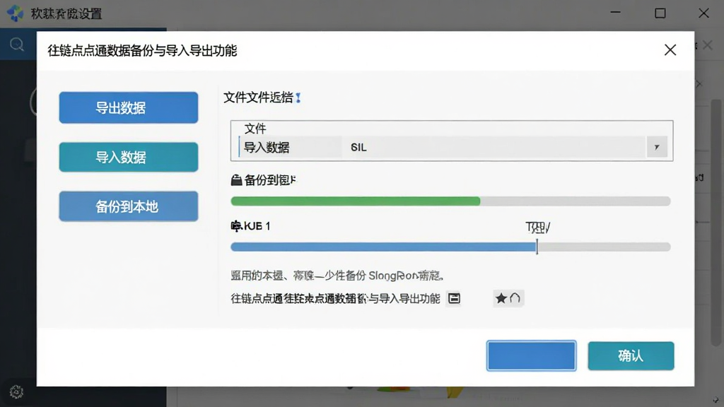 往链点点通数据备份与导入导出功能界面图,画面展示软件设置面板中的备份选项,包括“导出数据”“导入数据”“备份到本地”等按钮,界面布局为对话框形式,排版规整,风格为简洁实用型软件设计,细节包括文件选择框、进度条、确认按钮、提示文字,画质清晰,干净,无多余元素